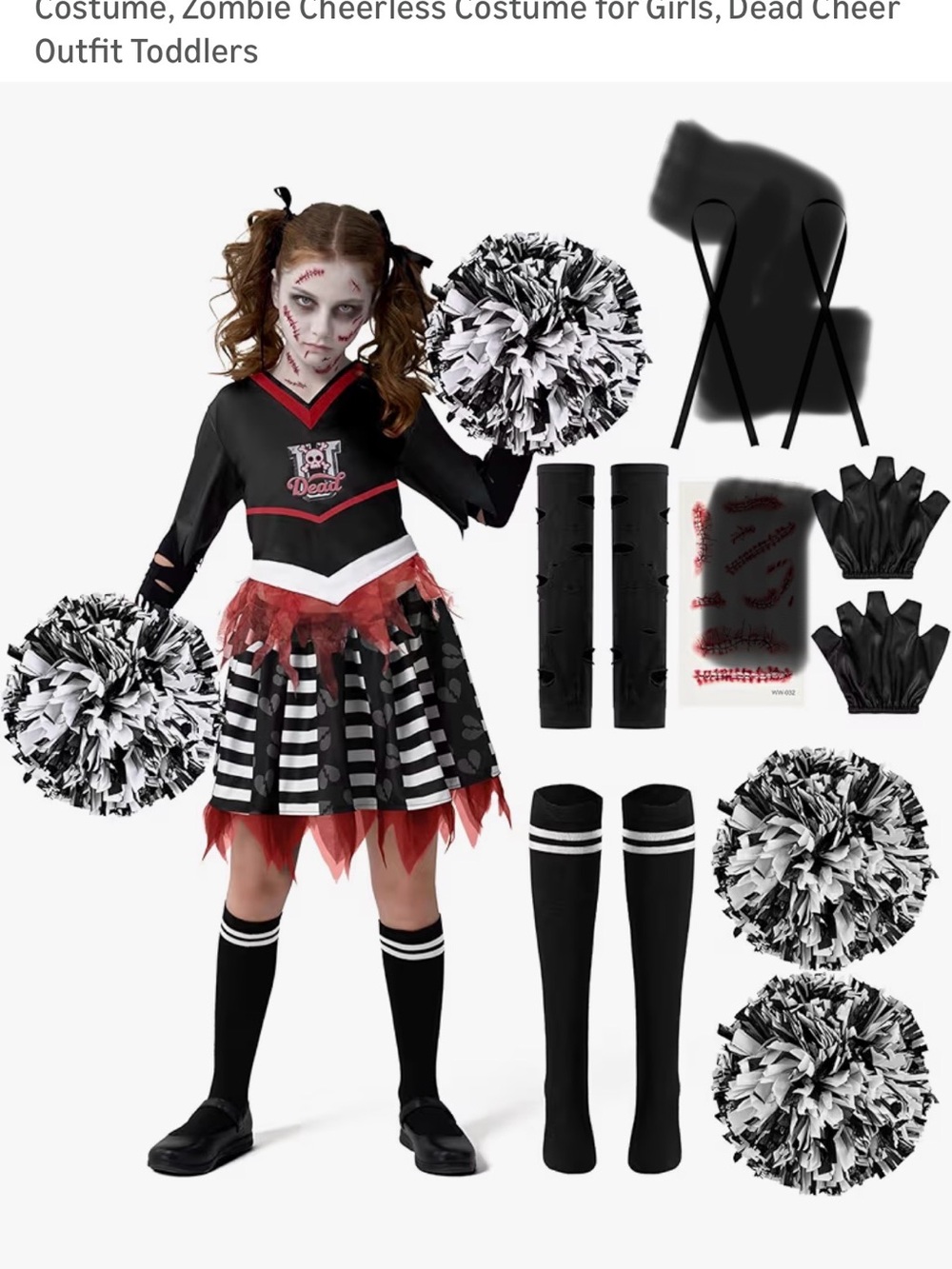 Zombie Cheerleader Costume for Kids - Black & Red Cheer Outfit